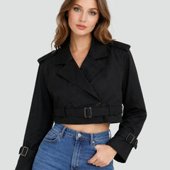 Women's cropped double-breasted trench coat jacket by Christine Brewer, featuring a belt and classic trench coat style.