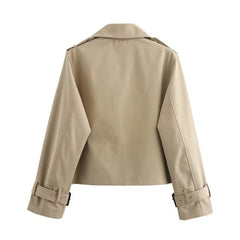 Women's Sienna cropped double-breasted trench coat with buckle cuffs, by Christine Brewer, featuring a stylish, tailored design.