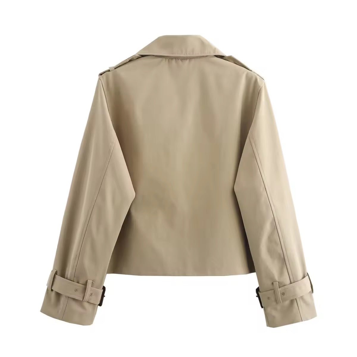 Women's Sienna cropped double-breasted trench coat with buckle cuffs, by Christine Brewer, featuring a stylish, tailored design.