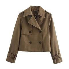 Women's Sienna cropped double-breasted trench coat with buckle cuffs by Christine Brewer, shown in a stylish, tailored fit.