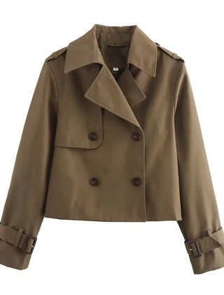 Women's Sienna cropped double-breasted trench coat with buckle cuffs by Christine Brewer, shown in a stylish, tailored fit.