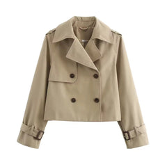 Women's Sienna cropped double-breasted trench coat by Christine Brewer with buckle cuffs, stylish and tailored for a modern look.