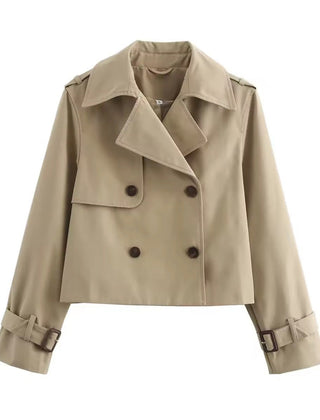 Women's Sienna cropped double-breasted trench coat by Christine Brewer with buckle cuffs, stylish and tailored for a modern look.