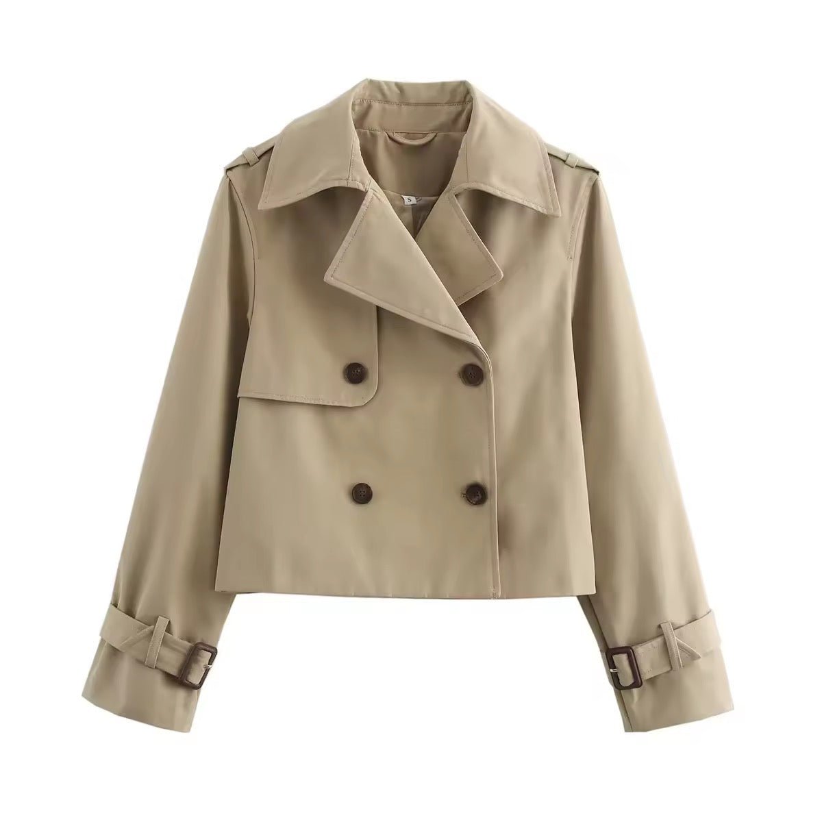 Women's Sienna cropped double-breasted trench coat by Christine Brewer with buckle cuffs, stylish and tailored for a modern look.