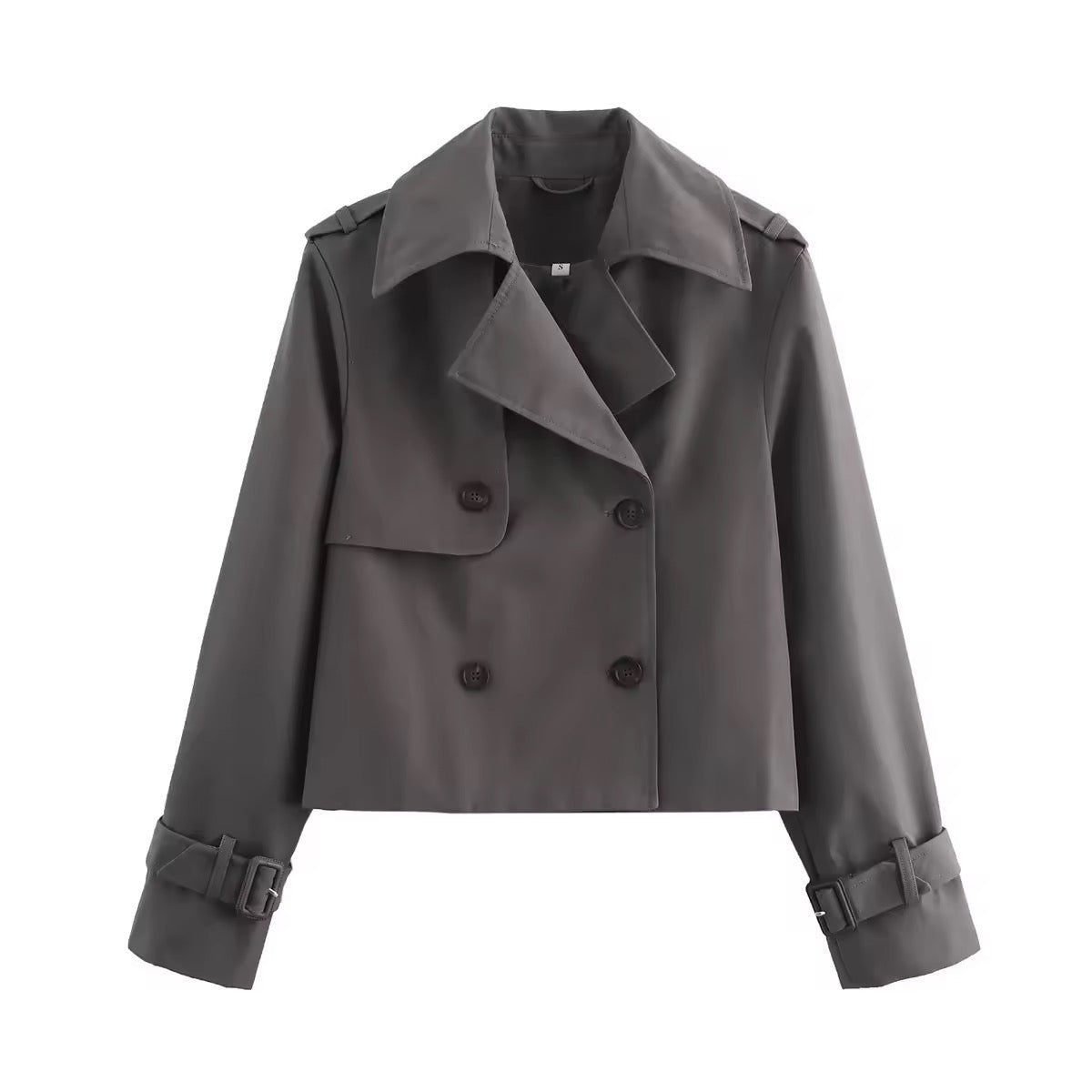 Women's Sienna cropped trench coat by Christine Brewer with double-breasted design and buckle cuff details.