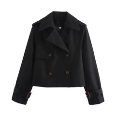 Women's Olivia cropped double-breasted trench coat by Christine Brewer with buckle cuffs, stylish and tailored for a chic look.
