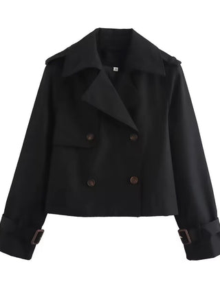Women's Olivia cropped double-breasted trench coat by Christine Brewer with buckle cuffs, stylish and tailored for a chic look.