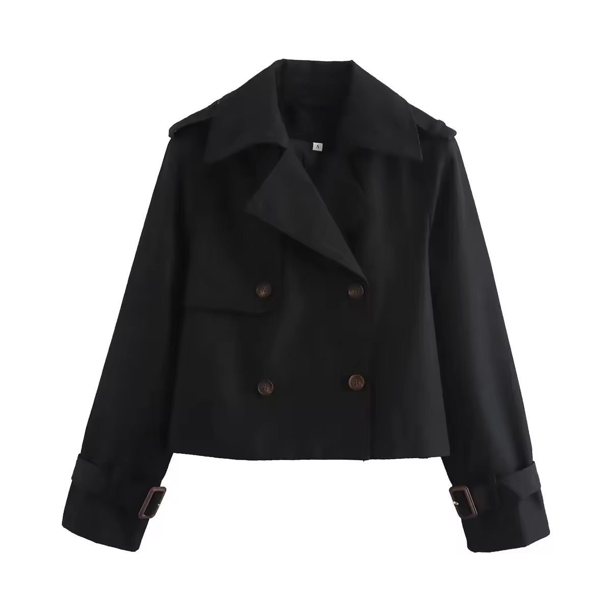 Women's Olivia cropped double-breasted trench coat by Christine Brewer with buckle cuffs, stylish and tailored for a chic look.