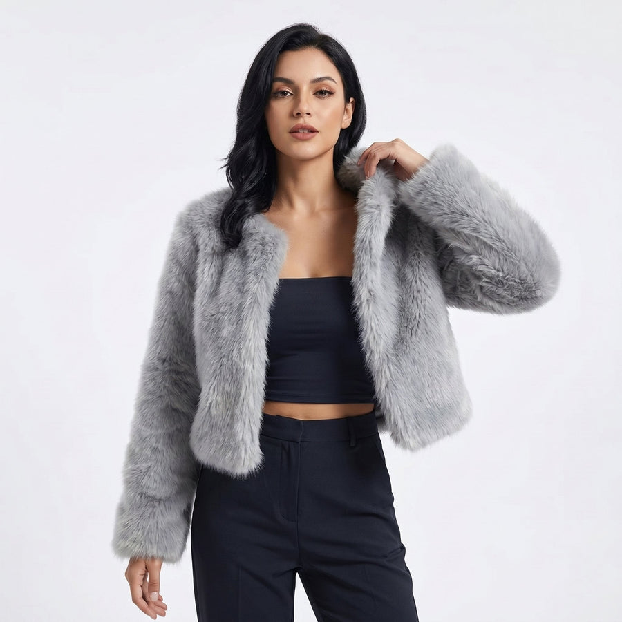 Women’s cropped faux fur cardigan jacket by Christine Brewer, featuring a plush, stylish faux fur texture and a cropped design.