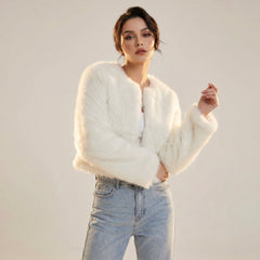 Women's cropped faux fur cardigan jacket by Christine Brewer, featuring a plush texture and stylish design.