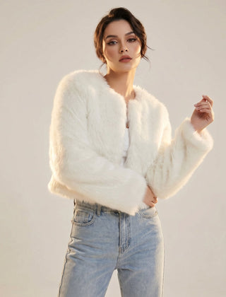 Women's cropped faux fur cardigan jacket by Christine Brewer, featuring a plush texture and stylish design.