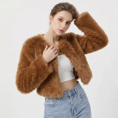 Women's cropped faux fur cardigan jacket by Christine Brewer, stylish and cozy with plush texture and modern design.