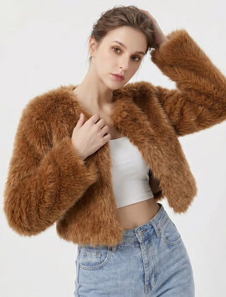 Women's cropped faux fur cardigan jacket by Christine Brewer, stylish and cozy with plush texture and modern design.