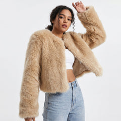 Women's Mia cropped faux fur cardigan jacket by Christine Brewer, featuring soft, plush faux fur with a stylish cropped fit.