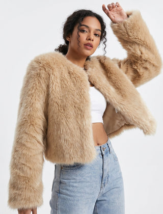 Women's Mia cropped faux fur cardigan jacket by Christine Brewer, featuring soft, plush faux fur with a stylish cropped fit.