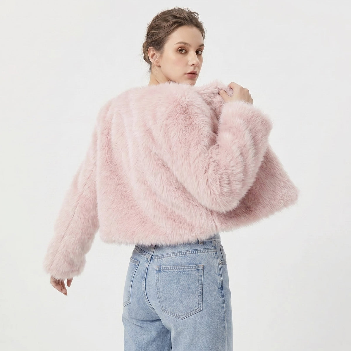 Women's cropped faux fur cardigan jacket by Christine Brewer, featuring a plush, stylish faux fur exterior and a cozy fit.