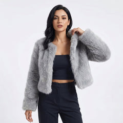 Women’s cropped faux fur jacket by Christine Brewer, short cardigan style, soft plush faux fur with a stylish, cozy fit.