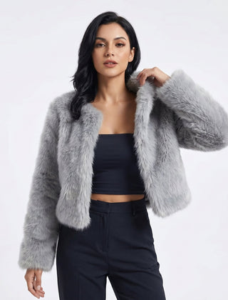 Women’s cropped faux fur jacket by Christine Brewer, short cardigan style, soft plush faux fur with a stylish, cozy fit.
