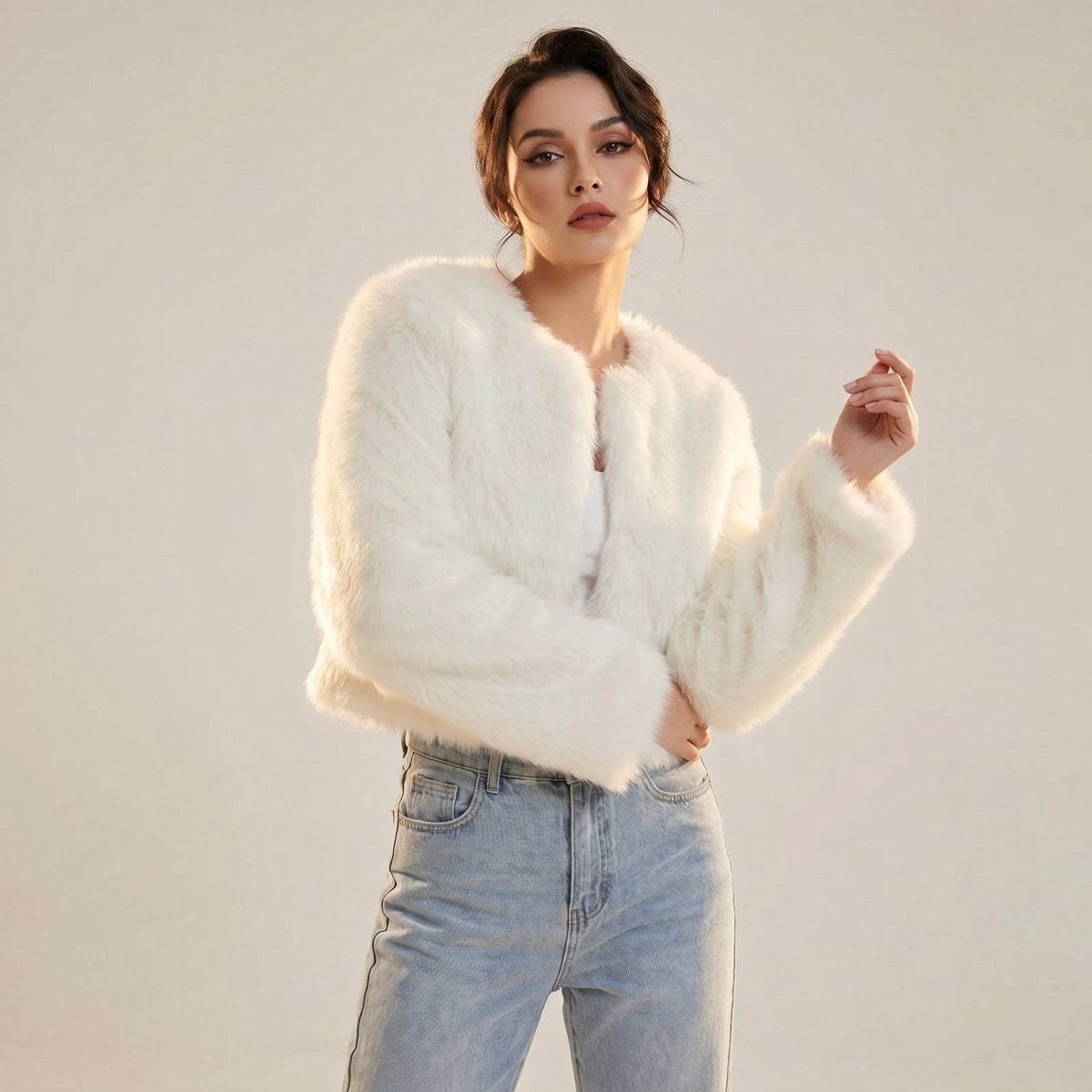 Women’s cropped faux fur jacket by Christine Brewer, stylish short cardigan with plush faux fur texture and cozy fit.