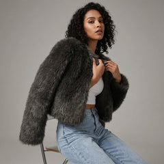 Women's cropped faux fur jacket by Christine Brewer, short cardigan with plush, textured faux fur for a stylish cozy look.