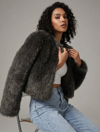 Women's cropped faux fur jacket by Christine Brewer, short cardigan with plush, textured faux fur for a stylish cozy look.