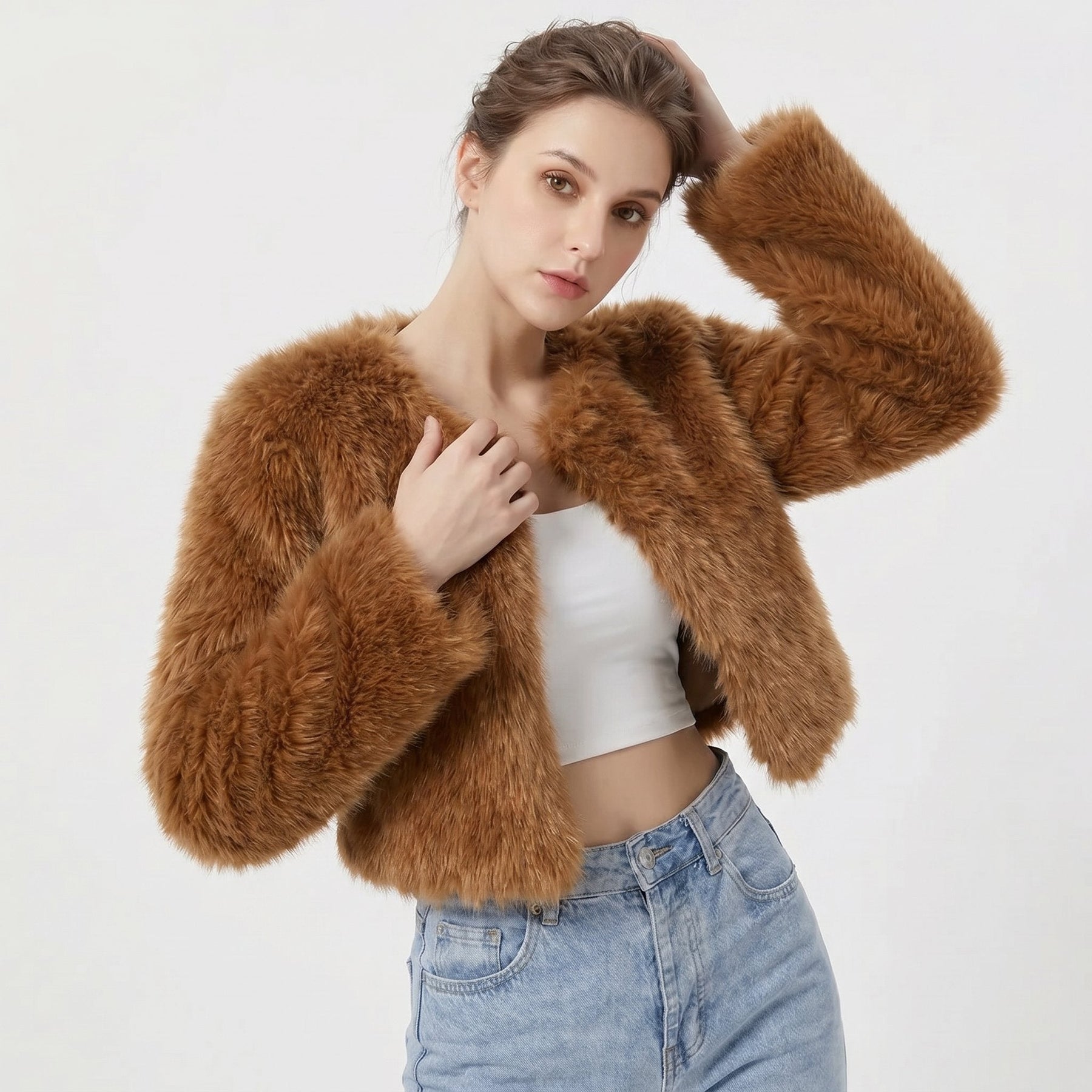 Women’s cropped faux fur jacket by Christine Brewer, featuring a short cardigan design with plush, soft faux fur fabric.