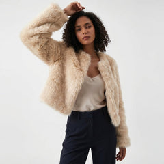 Women’s cropped faux fur jacket by Christine Brewer, short cardigan with plush, textured faux fur for a stylish winter look.