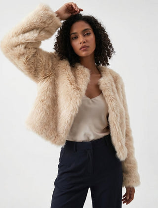 Women’s cropped faux fur jacket by Christine Brewer, short cardigan with plush, textured faux fur for a stylish winter look.