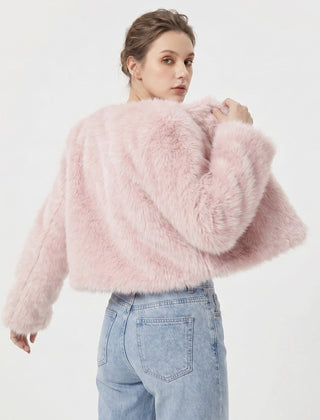 Women's cropped faux fur jacket by Christine Brewer, short cardigan with plush, textured faux fur for stylish warmth.
