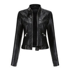 Victoria women's cropped faux leather moto biker jacket with stand collar, stylish and fitted for a modern edgy look.