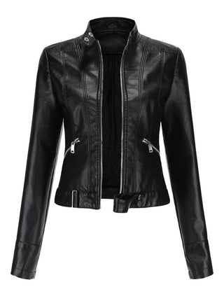 Victoria women's cropped faux leather moto biker jacket with stand collar, stylish and fitted for a modern edgy look.