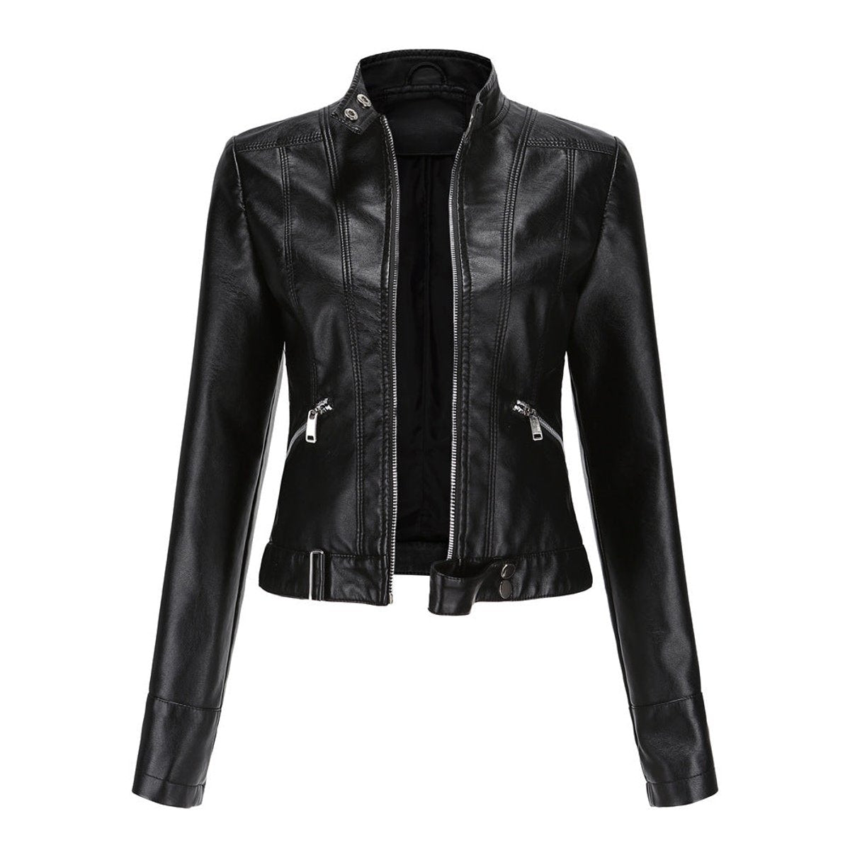 Victoria women's cropped faux leather moto biker jacket with stand collar, stylish and fitted for a modern edgy look.