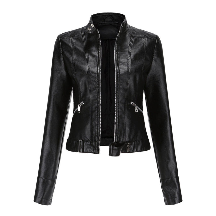 Victoria women's cropped faux leather moto biker jacket with stand collar, stylish and fitted for a modern edgy look.
