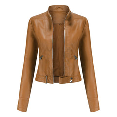 Christine Brewer Victoria women's cropped faux leather moto biker jacket with stand collar, shown on a model.