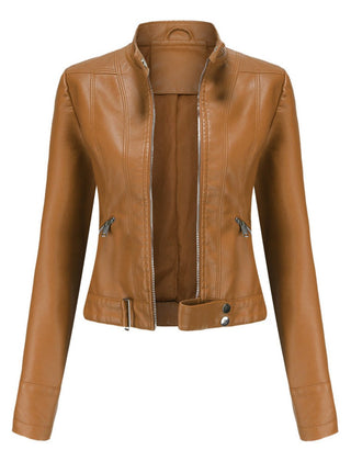 Christine Brewer Victoria women's cropped faux leather moto biker jacket with stand collar, shown on a model.