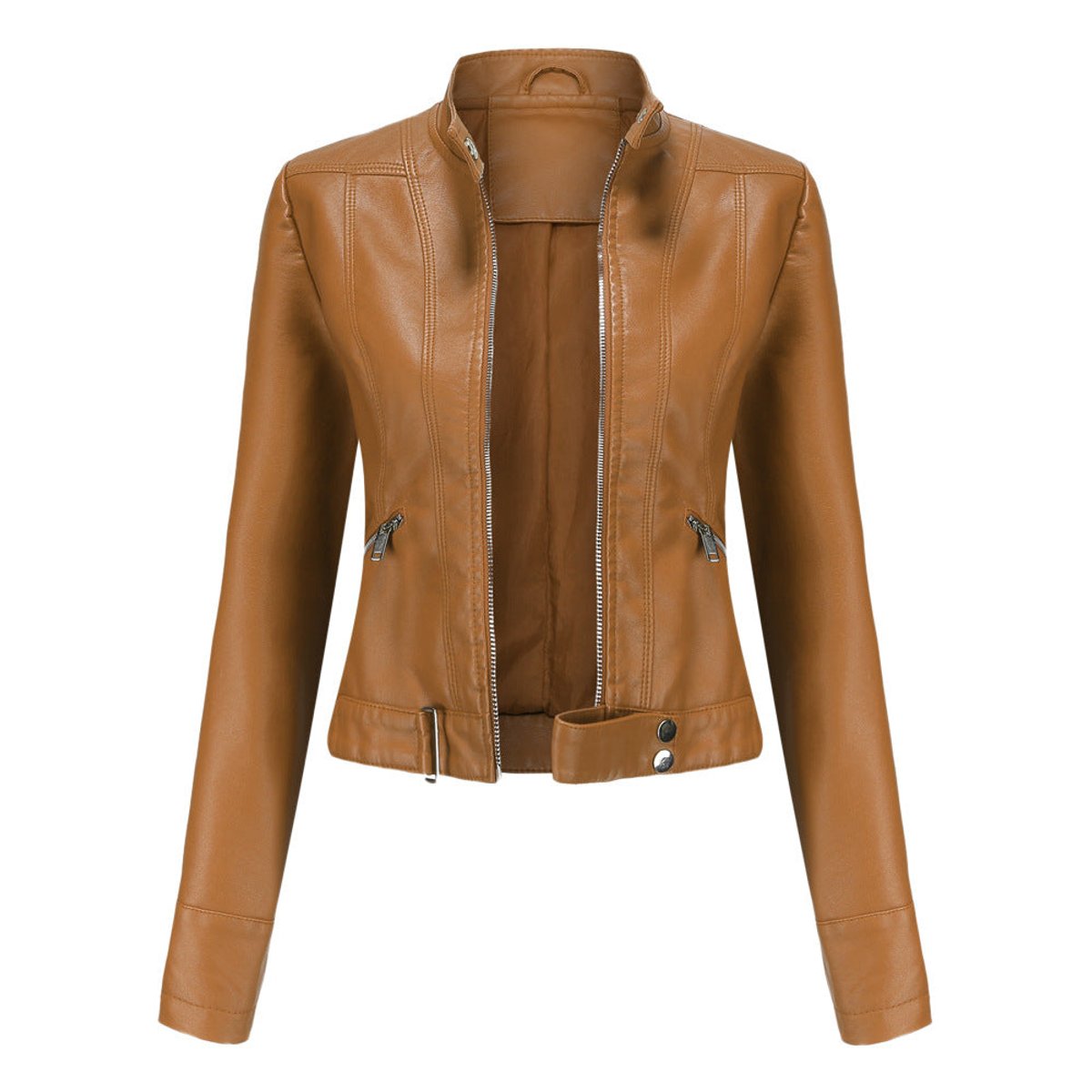 Christine Brewer Victoria women's cropped faux leather moto biker jacket with stand collar, shown on a model.
