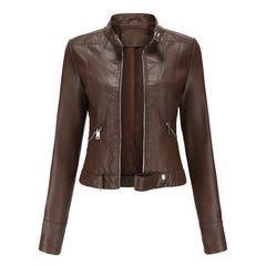Victoria women's cropped faux leather moto biker jacket with stand collar, black, stylish and fitted for a modern look.