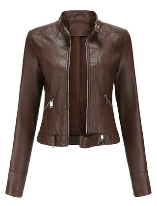 Victoria women's cropped faux leather moto biker jacket with stand collar, black, stylish and fitted for a modern look.