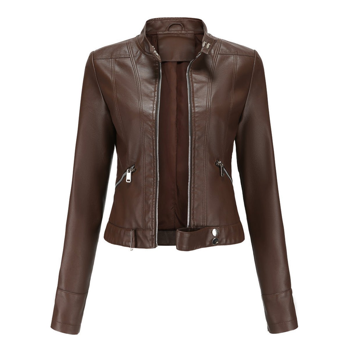 Victoria women's cropped faux leather moto biker jacket with stand collar, black, stylish and fitted for a modern look.