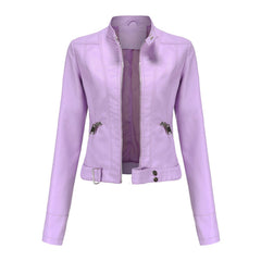 Victoria women's cropped faux leather moto biker jacket with stand collar, black, stylish and fitted for a modern look.