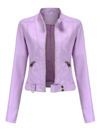 Victoria women's cropped faux leather moto biker jacket with stand collar, black, stylish and fitted for a modern look.