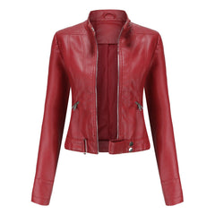 Victoria women's cropped faux leather moto biker jacket with stand collar, featuring a stylish, fitted design and metallic zipper details.