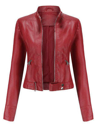 Victoria women's cropped faux leather moto biker jacket with stand collar, featuring a stylish, fitted design and metallic zipper details.