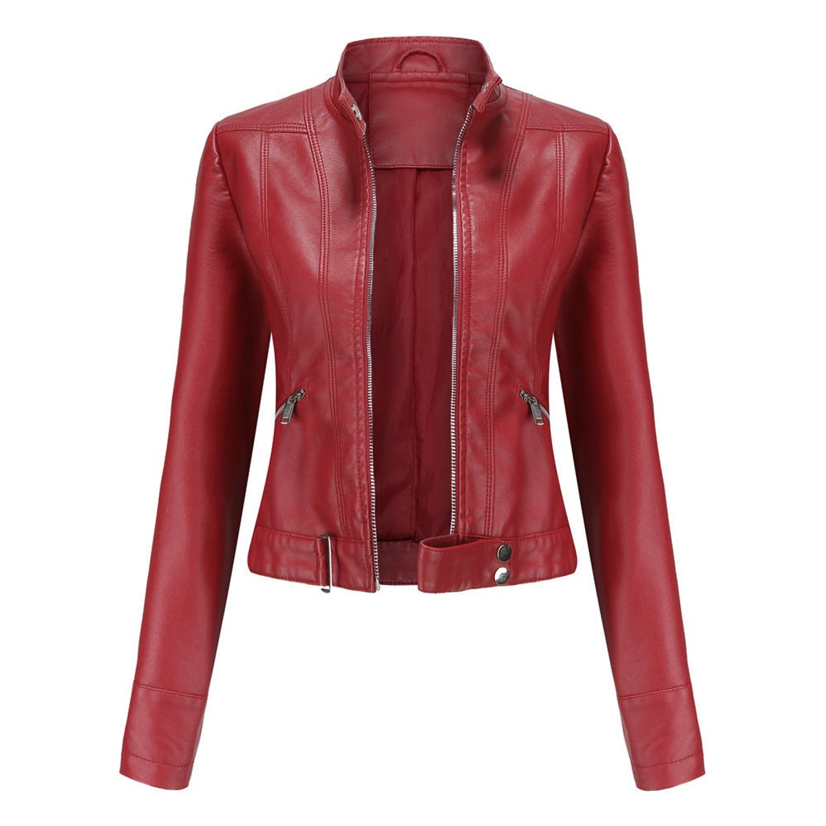 Victoria women's cropped faux leather moto biker jacket with stand collar, featuring a stylish, fitted design and metallic zipper details.