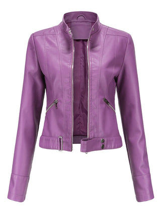 Victoria women's cropped faux leather moto biker jacket with stand collar, styled on a model.