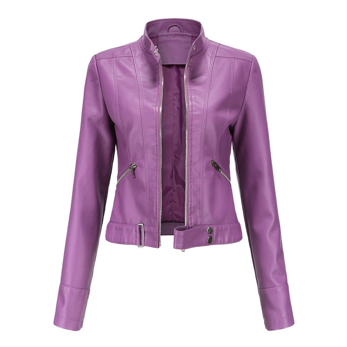 Victoria women's cropped faux leather moto biker jacket with stand collar, styled on a model.