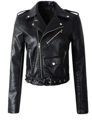 Women's cropped faux leather moto jacket with belted detail, stylish biker design by Christine Brewer.