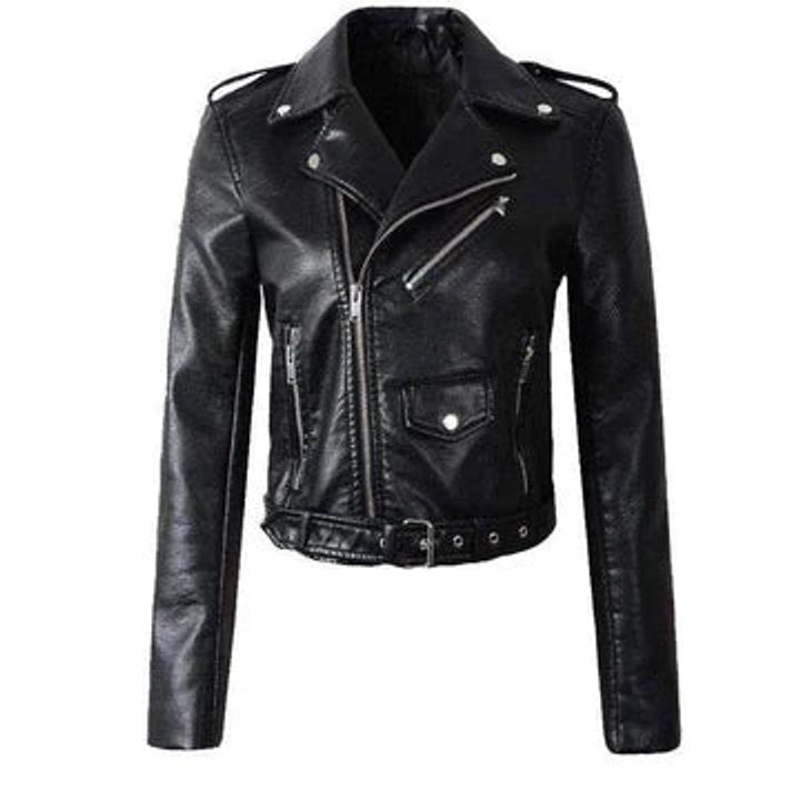 Women's cropped faux leather moto jacket with belted detail, stylish biker design by Christine Brewer.