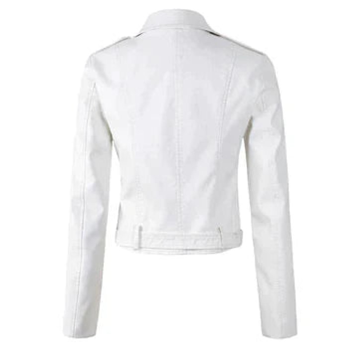Women's cropped faux leather moto jacket with belted design by Christine Brewer, featuring a classic biker style and sleek fit.