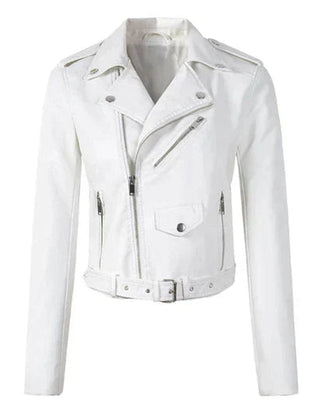 Women's cropped faux leather moto jacket with belted biker style by Christine Brewer, featuring a fitted design and stylish details.